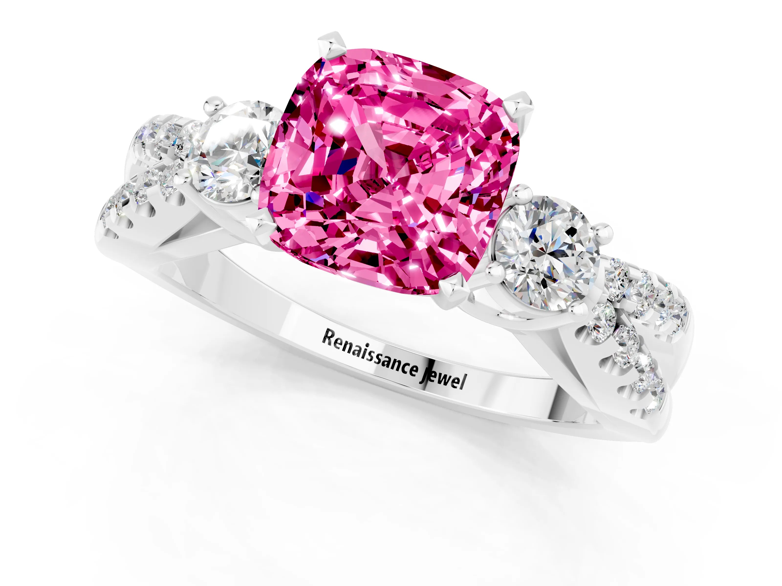 White gold Cushion Cut Pink Sapphire Three-Stone Ring with Pavé Split Shank and Four-Prong Setting_37