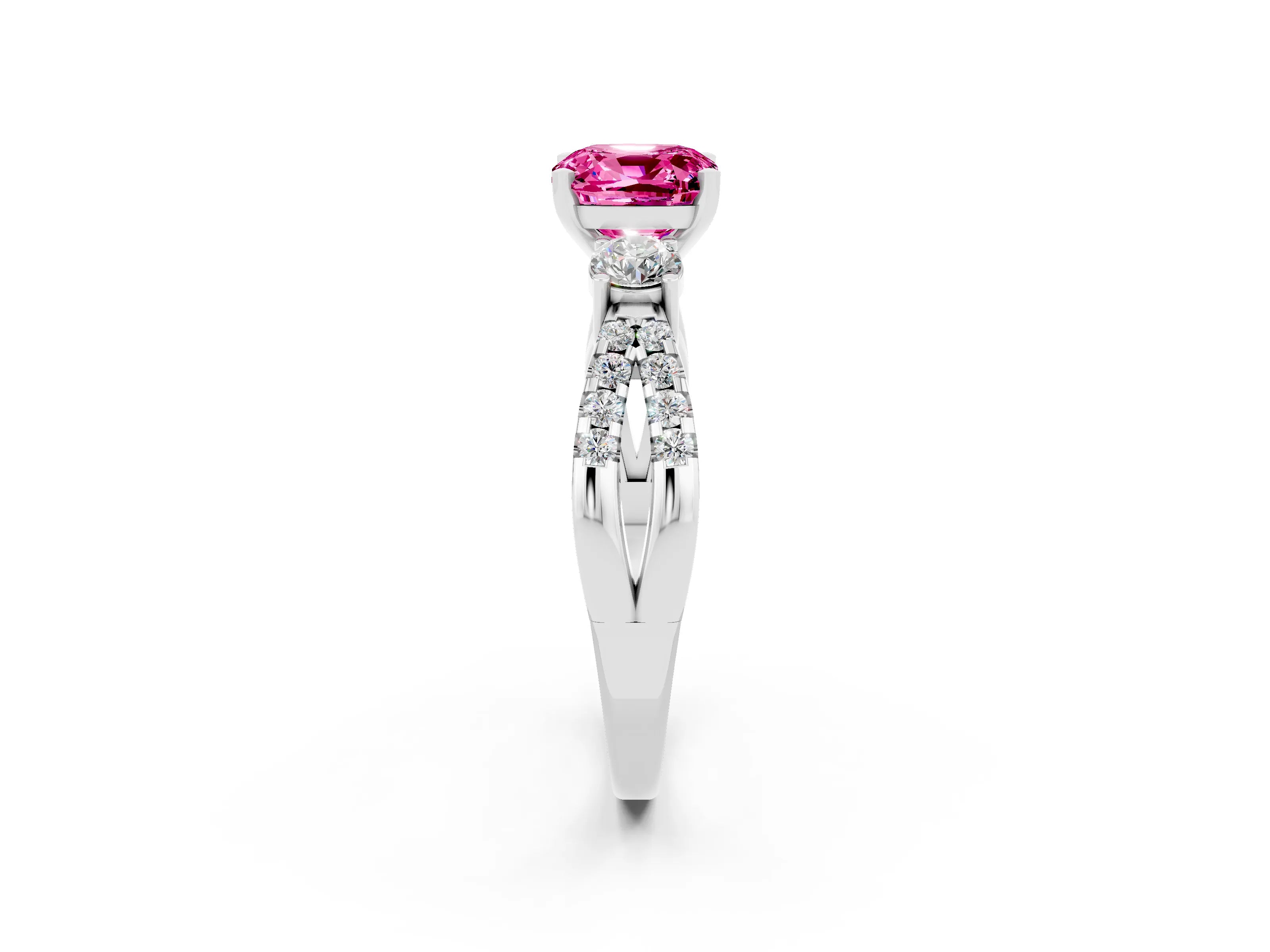 White gold Cushion Cut Pink Sapphire Three-Stone Ring with Pavé Split Shank and Four-Prong Setting_38