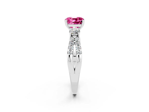Platinum Cushion Cut Pink Sapphire Three-Stone Ring with Pavé Split Shank and Four-Prong Setting