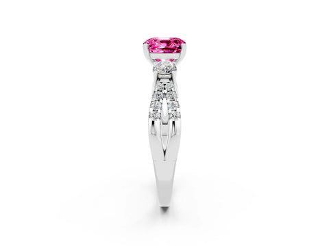 White gold Cushion Cut Pink Sapphire Three-Stone Ring with Pavé Split Shank and Four-Prong Setting_38