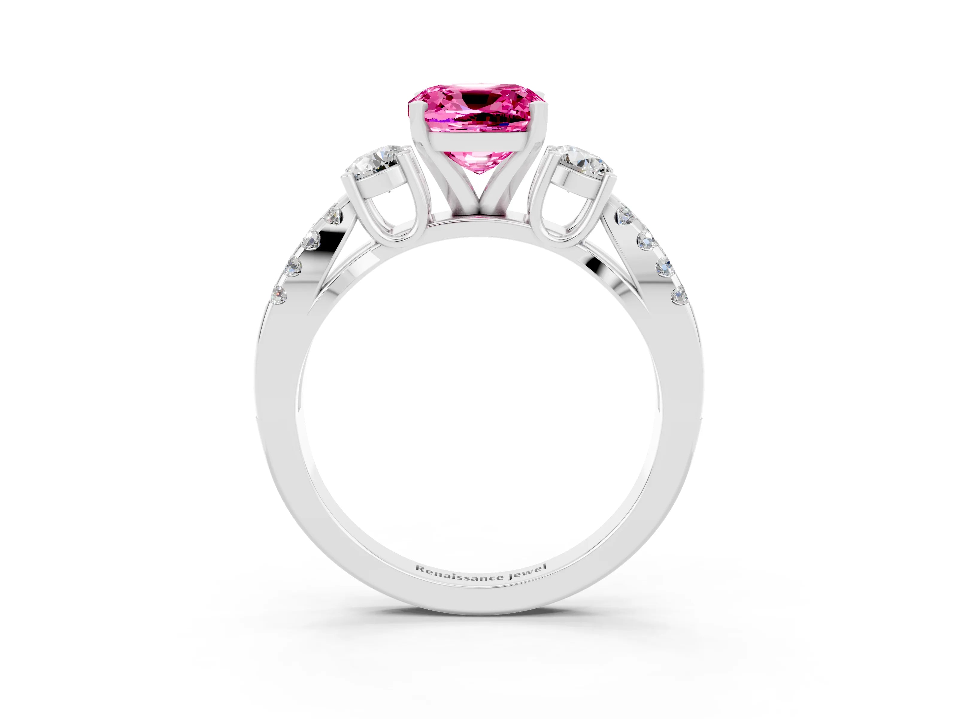 White gold Cushion Cut Pink Sapphire Three-Stone Ring with Pavé Split Shank and Four-Prong Setting_39