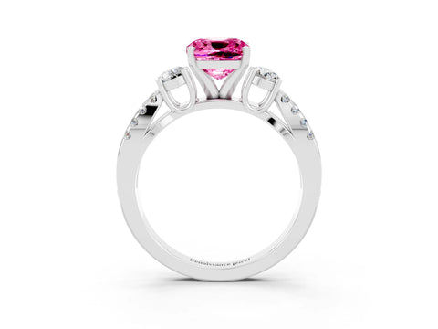 White gold Cushion Cut Pink Sapphire Three-Stone Ring with Pavé Split Shank and Four-Prong Setting_39