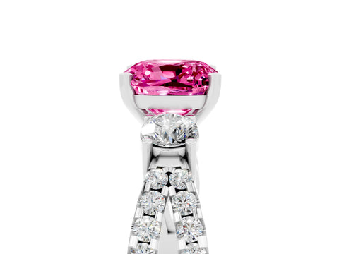 White gold Cushion Cut Pink Sapphire Three-Stone Ring with Pavé Split Shank and Four-Prong Setting_41