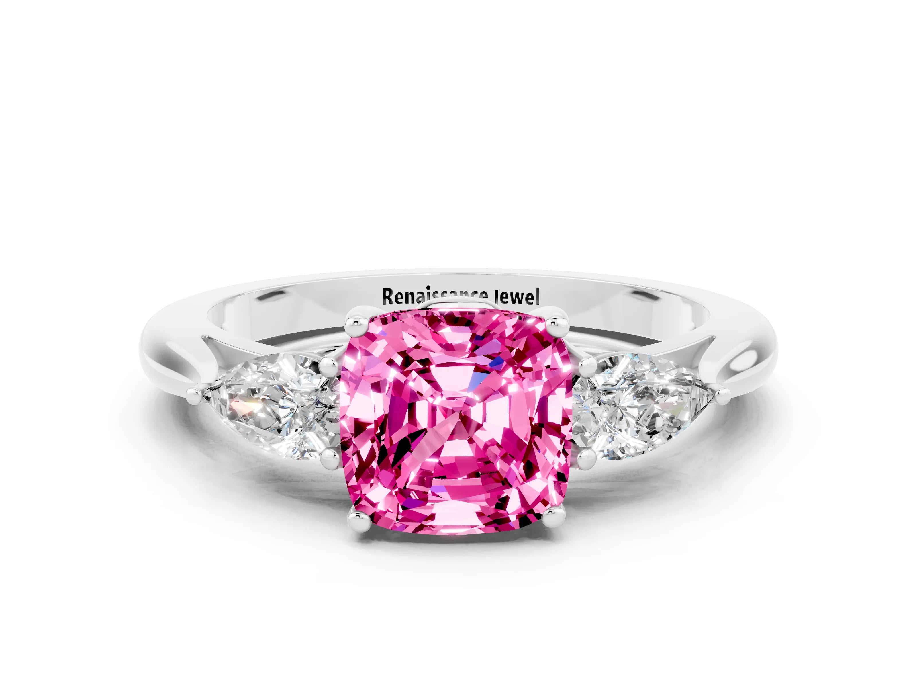 White gold Cushion Cut Pink Sapphire Three-Stone Ring with Pear Side Stones and Four-Prong Setting_12