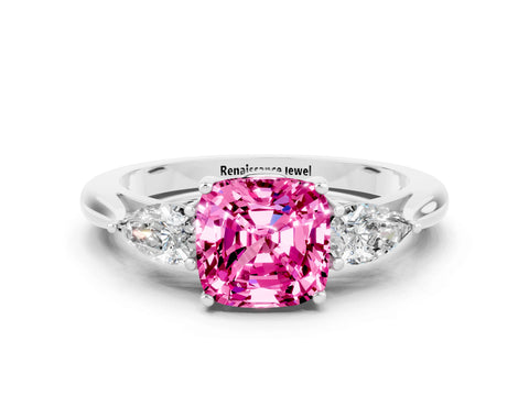 White gold Cushion Cut Pink Sapphire Three-Stone Ring with Pear Side Stones and Four-Prong Setting_12