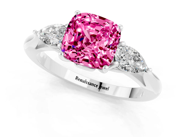 Platinum Cushion Cut Pink Sapphire Three-Stone Ring with Pear  Side Stones and Prong Setting
