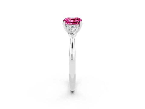 White gold Cushion Cut Pink Sapphire Three-Stone Ring with Pear Side Stones and Four-Prong Setting_14