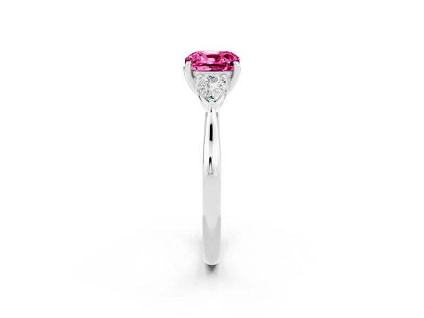White gold Cushion Cut Pink Sapphire Three-Stone Ring with Pear  Side Stones and Prong Setting