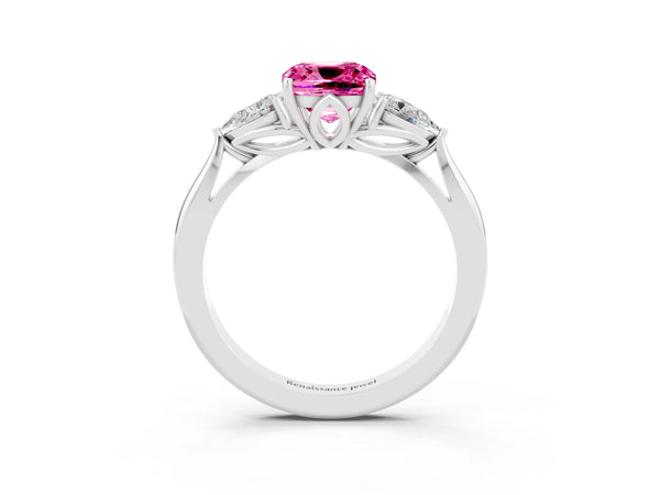 Platinum Cushion Cut Pink Sapphire Three-Stone Ring with Pear  Side Stones and Prong Setting