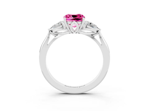 White gold Cushion Cut Pink Sapphire Three-Stone Ring with Pear Side Stones and Four-Prong Setting_15