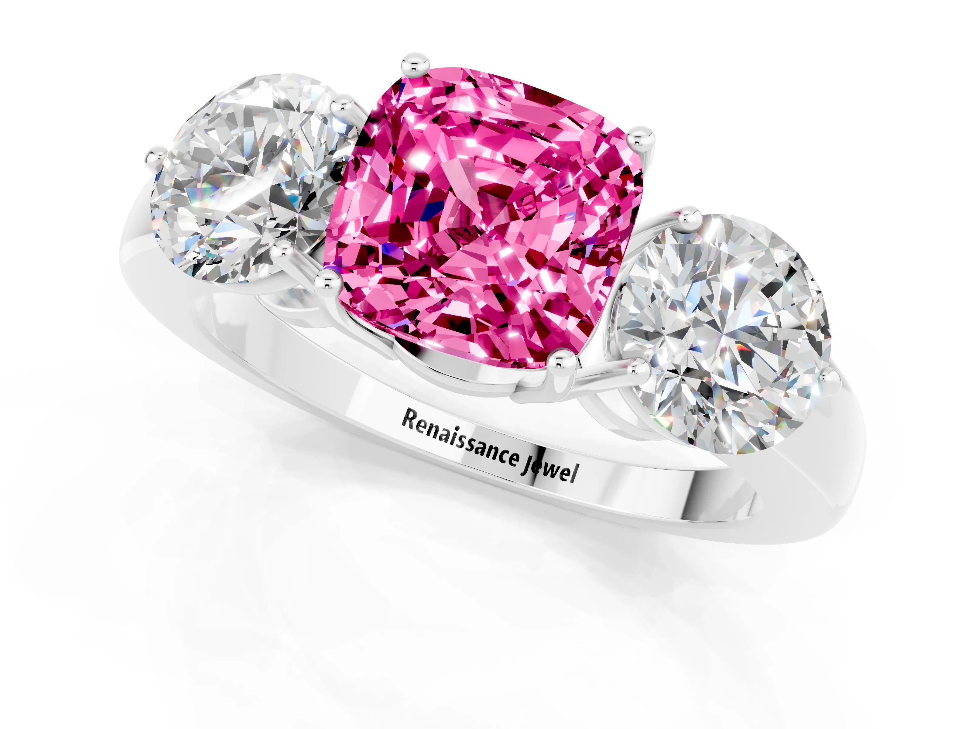 White gold Cushion Cut Pink Sapphire Three-Stone Ring with Prong Setting and Classic Band_1