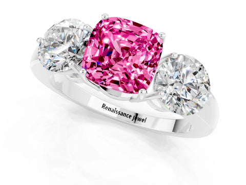 White gold Cushion Cut Pink Sapphire Three-Stone Ring with Prong Setting and Classic Band_1
