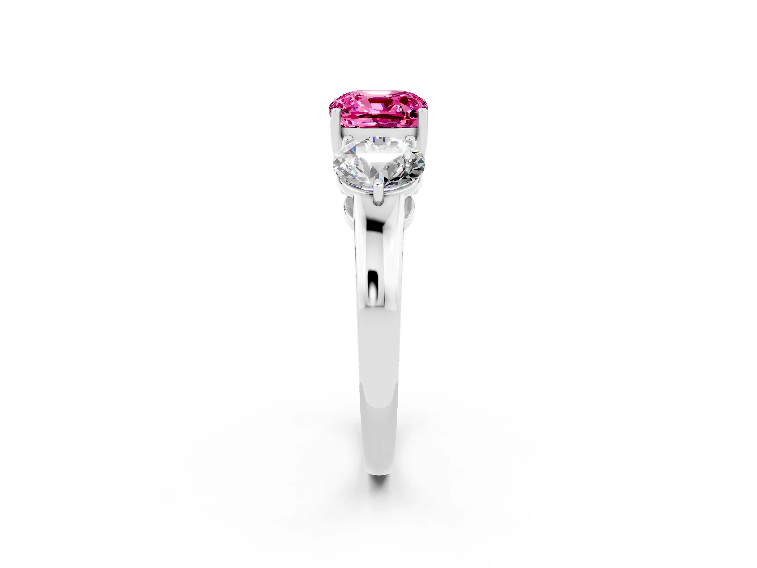 White gold Cushion Cut Pink Sapphire Three-Stone Ring with Prong Setting and Classic Band_2