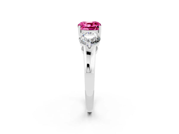White gold Cushion Cut Pink Sapphire Three-Stone Ring with Prong Setting and Classic Band