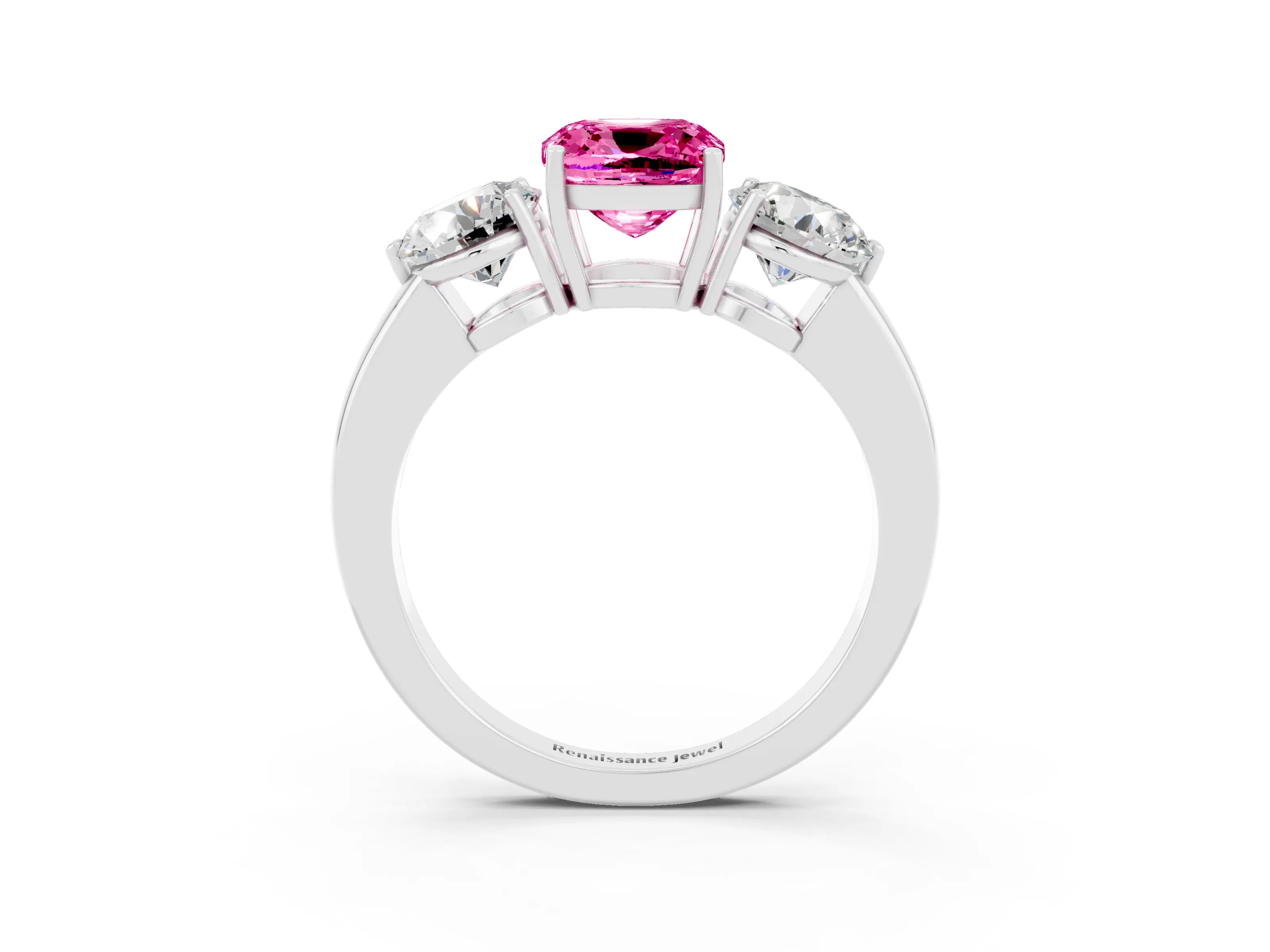White gold Cushion Cut Pink Sapphire Three-Stone Ring with Prong Setting and Classic Band_3