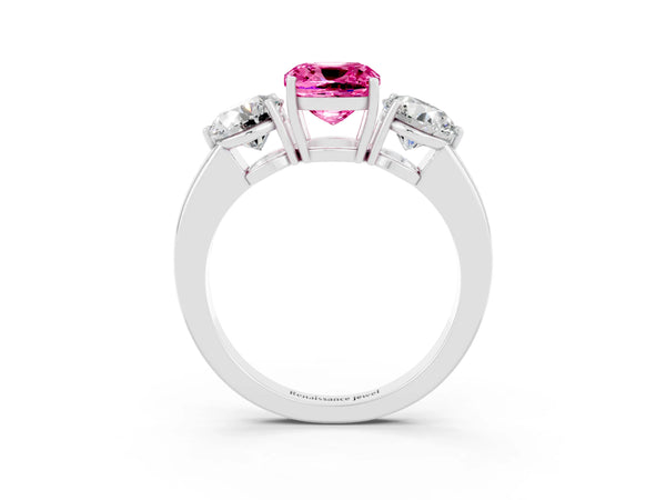 Platinum Cushion Cut Pink Sapphire Three-Stone Ring with Prong Setting and Classic Band