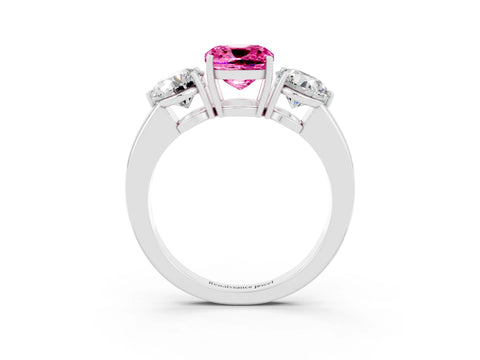 White gold Cushion Cut Pink Sapphire Three-Stone Ring with Prong Setting and Classic Band_3