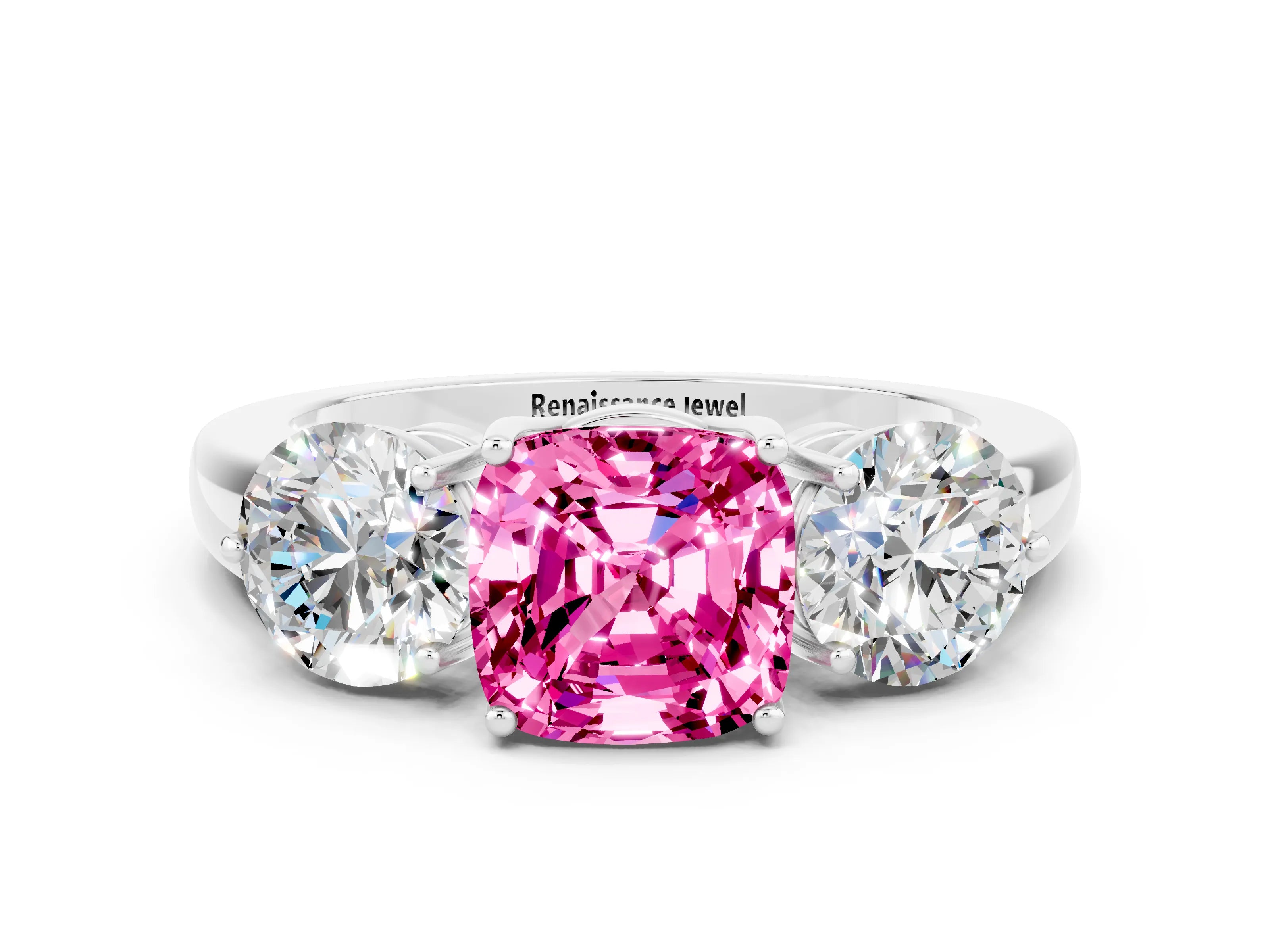White gold Cushion Cut Pink Sapphire Three-Stone Ring with Prong Setting and Classic Band