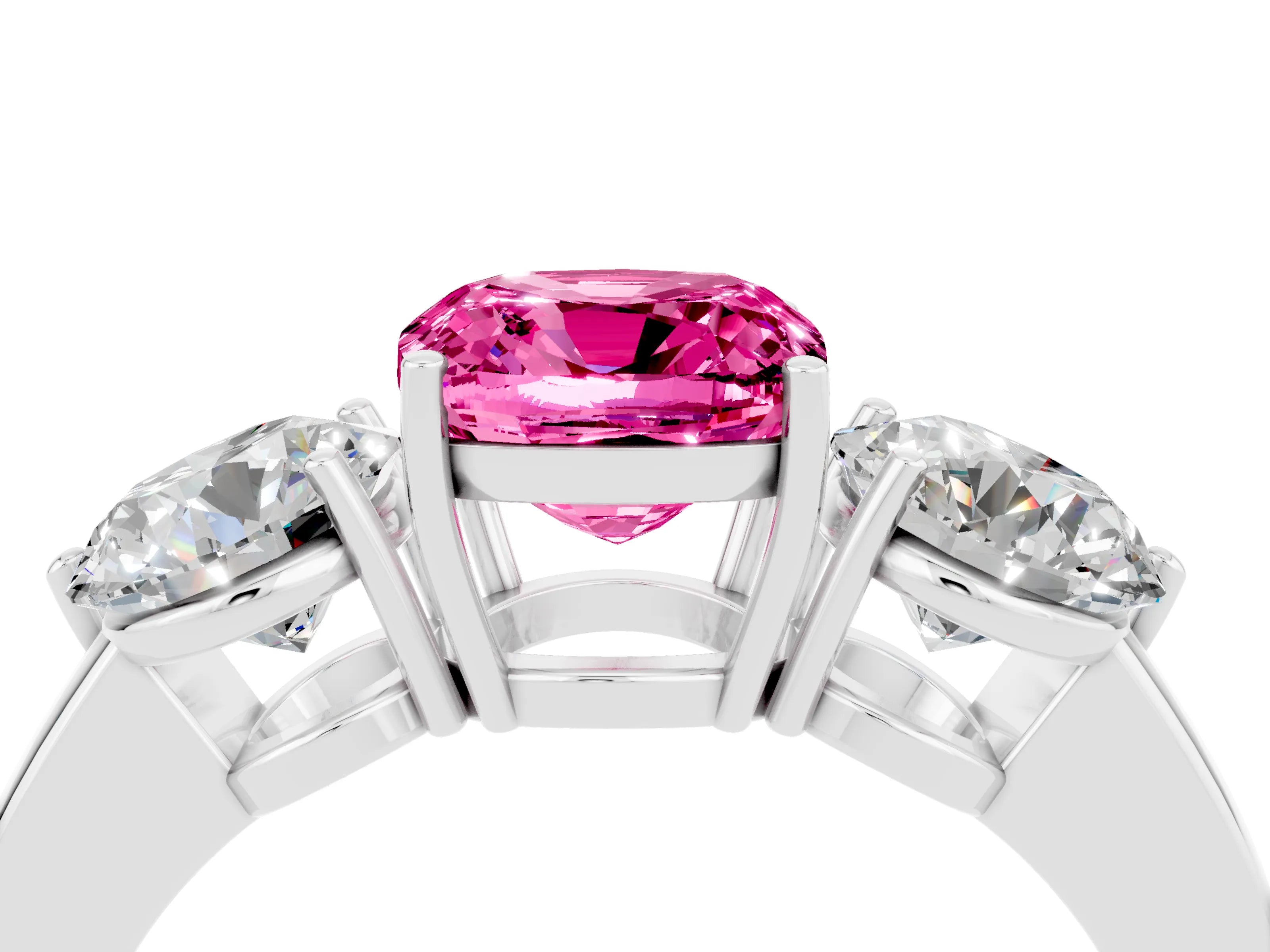 White gold Cushion Cut Pink Sapphire Three-Stone Ring with Prong Setting and Classic Band_4