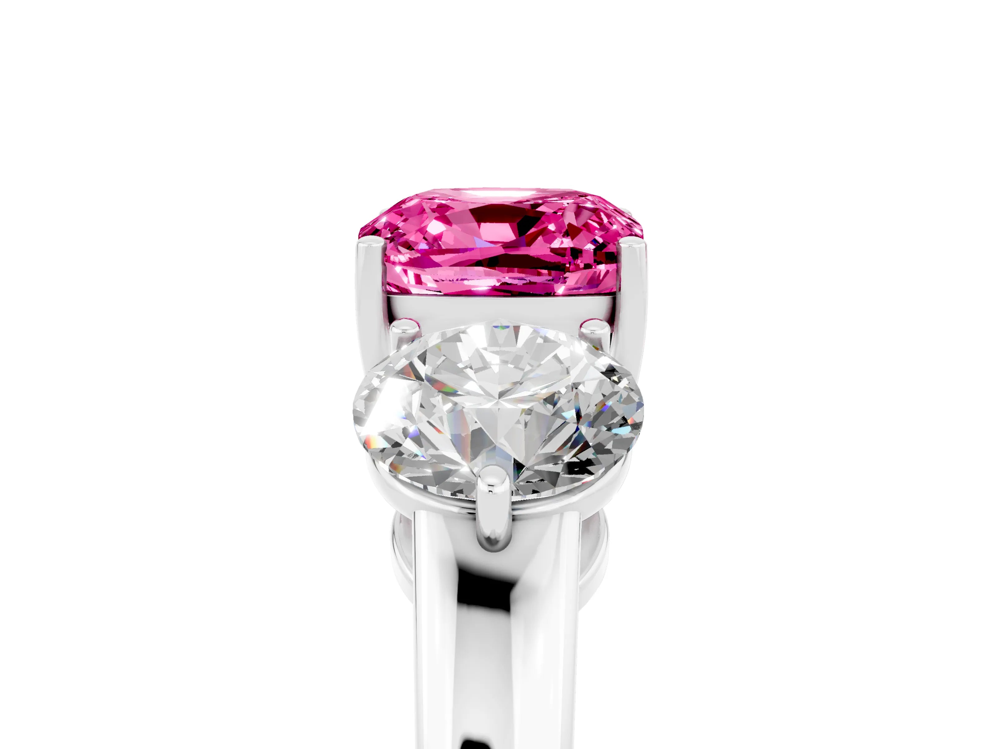 White gold Cushion Cut Pink Sapphire Three-Stone Ring with Prong Setting and Classic Band_5
