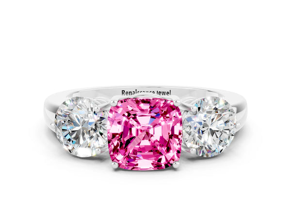 White gold Cushion Cut Pink Sapphire Three-Stone Ring with Prong Setting and Classic Band