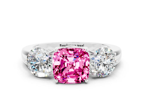 White gold Cushion Cut Pink Sapphire Three-Stone Ring with Prong Setting and Classic Band