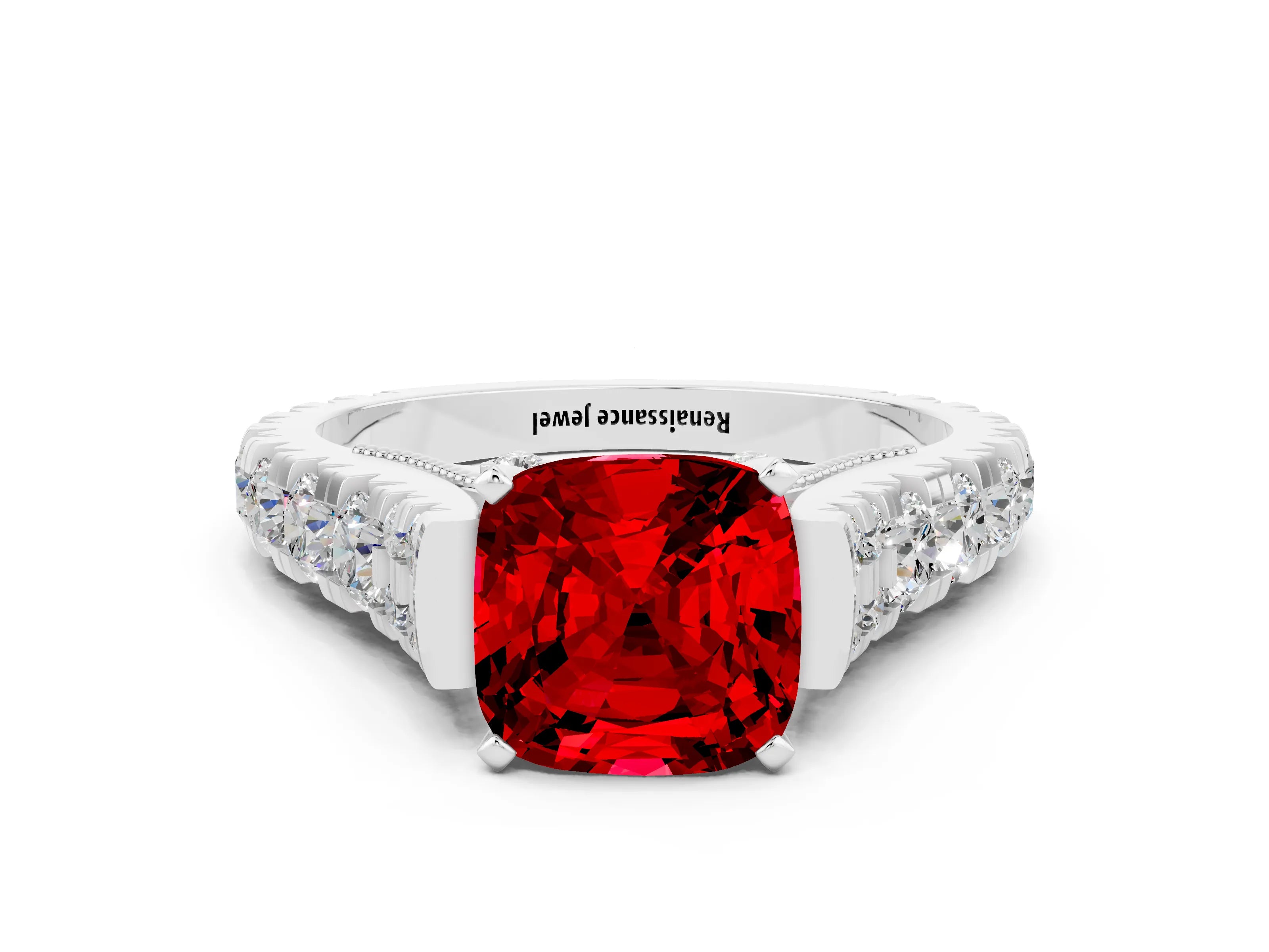 White gold Cushion Cut Ruby Classic Solitaire Ring with Pavé Band and Four-Prong Setting