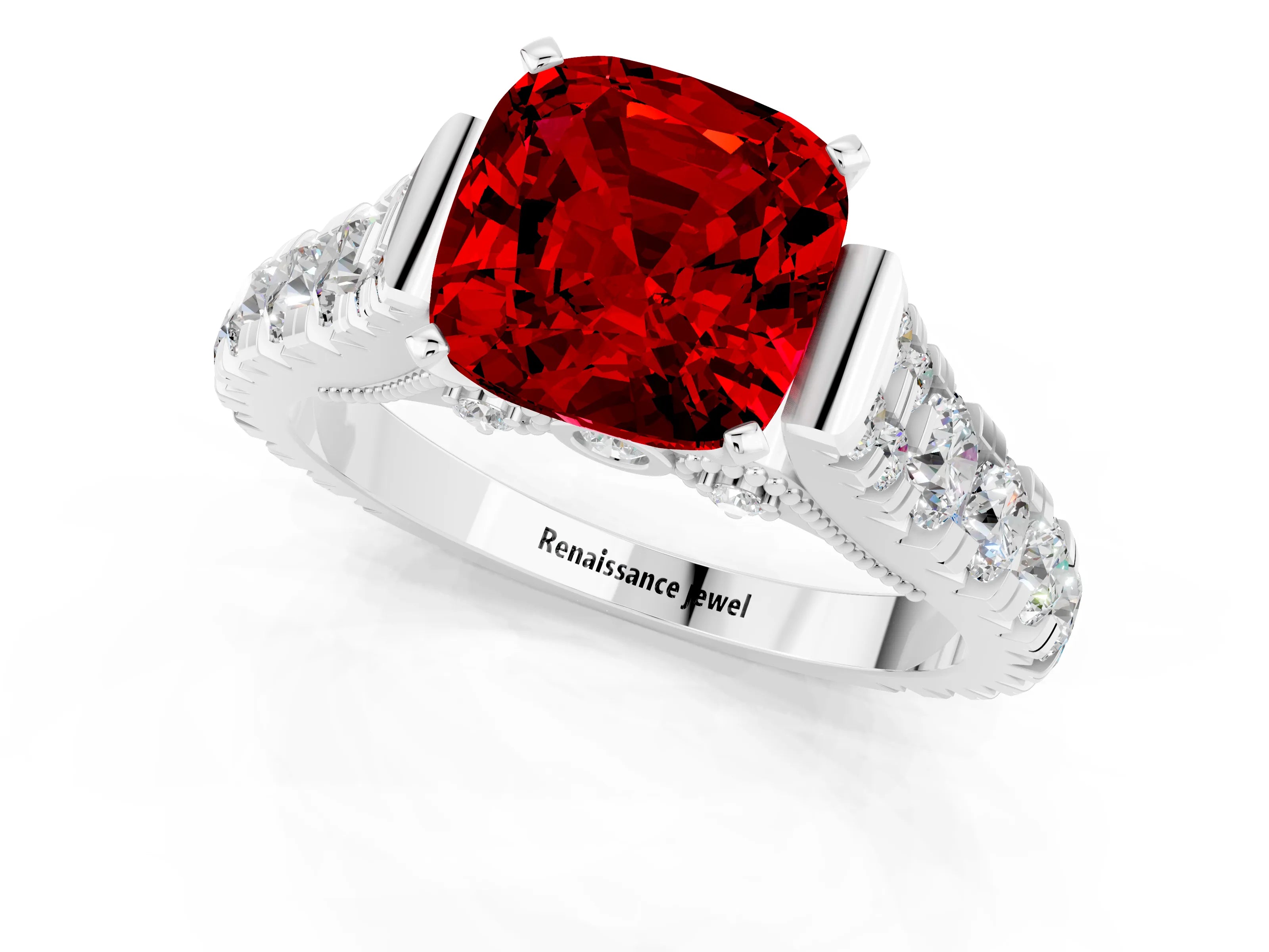 White gold Cushion Cut Ruby Classic Solitaire Ring with Pavé Band and Four-Prong Setting_1