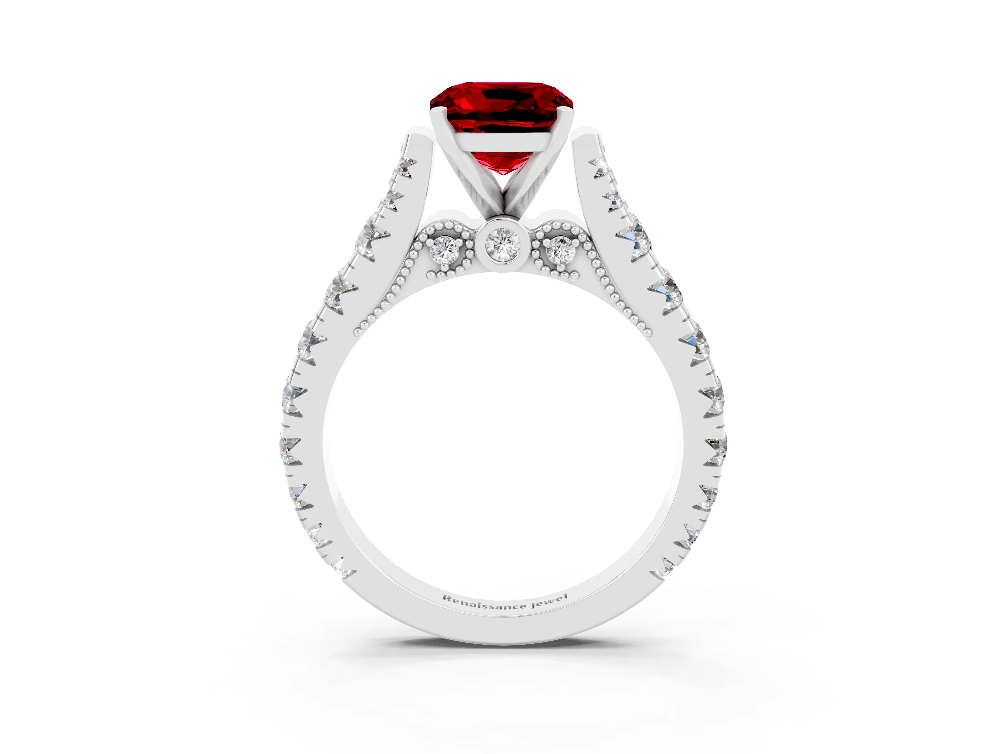 White gold Cushion Cut Ruby Classic Solitaire Ring with Pavé Band and Four-Prong Setting_3