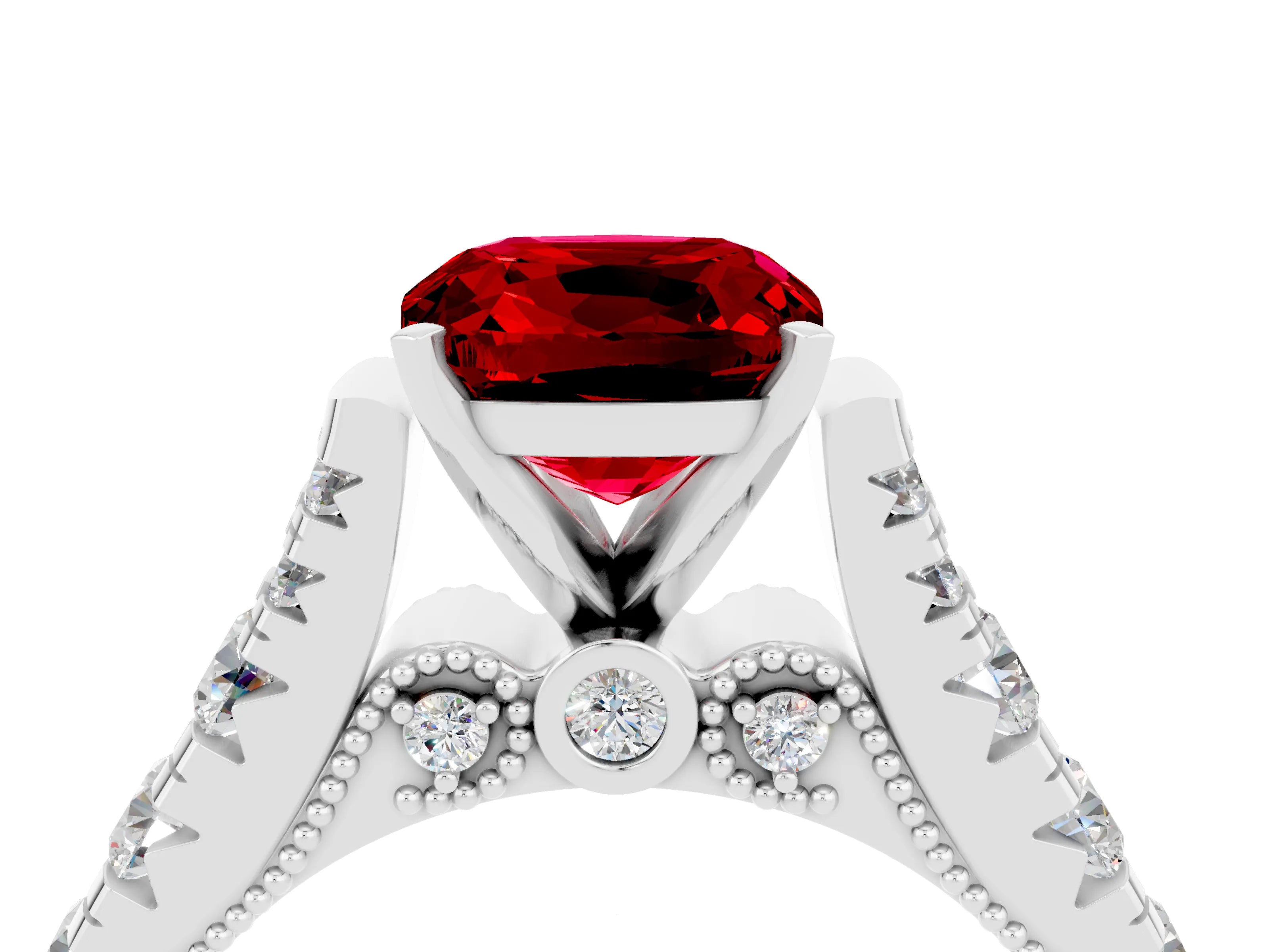 White gold Cushion Cut Ruby Classic Solitaire Ring with Pavé Band and Four-Prong Setting_4
