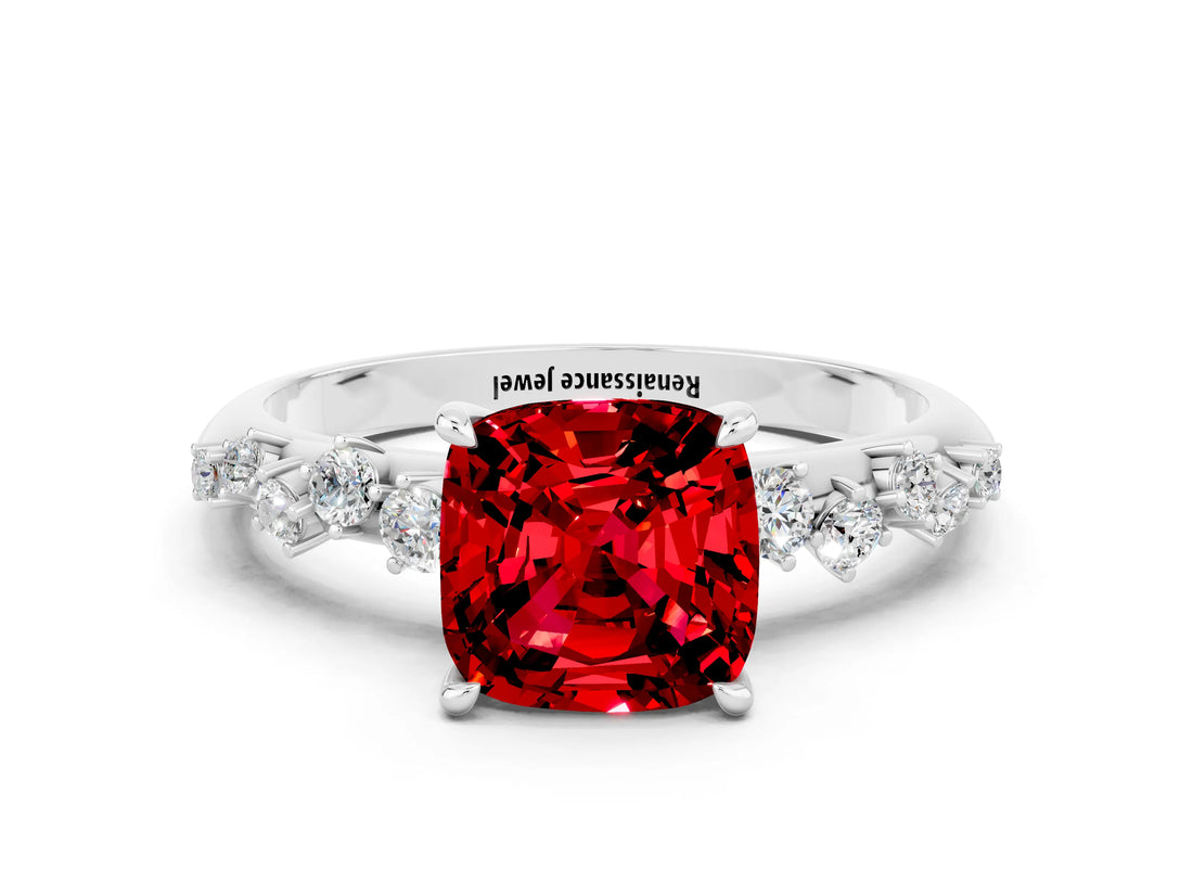 White gold Cushion Cut Ruby Cluster Side Stone Solitaire Ring with Prong Setting_24