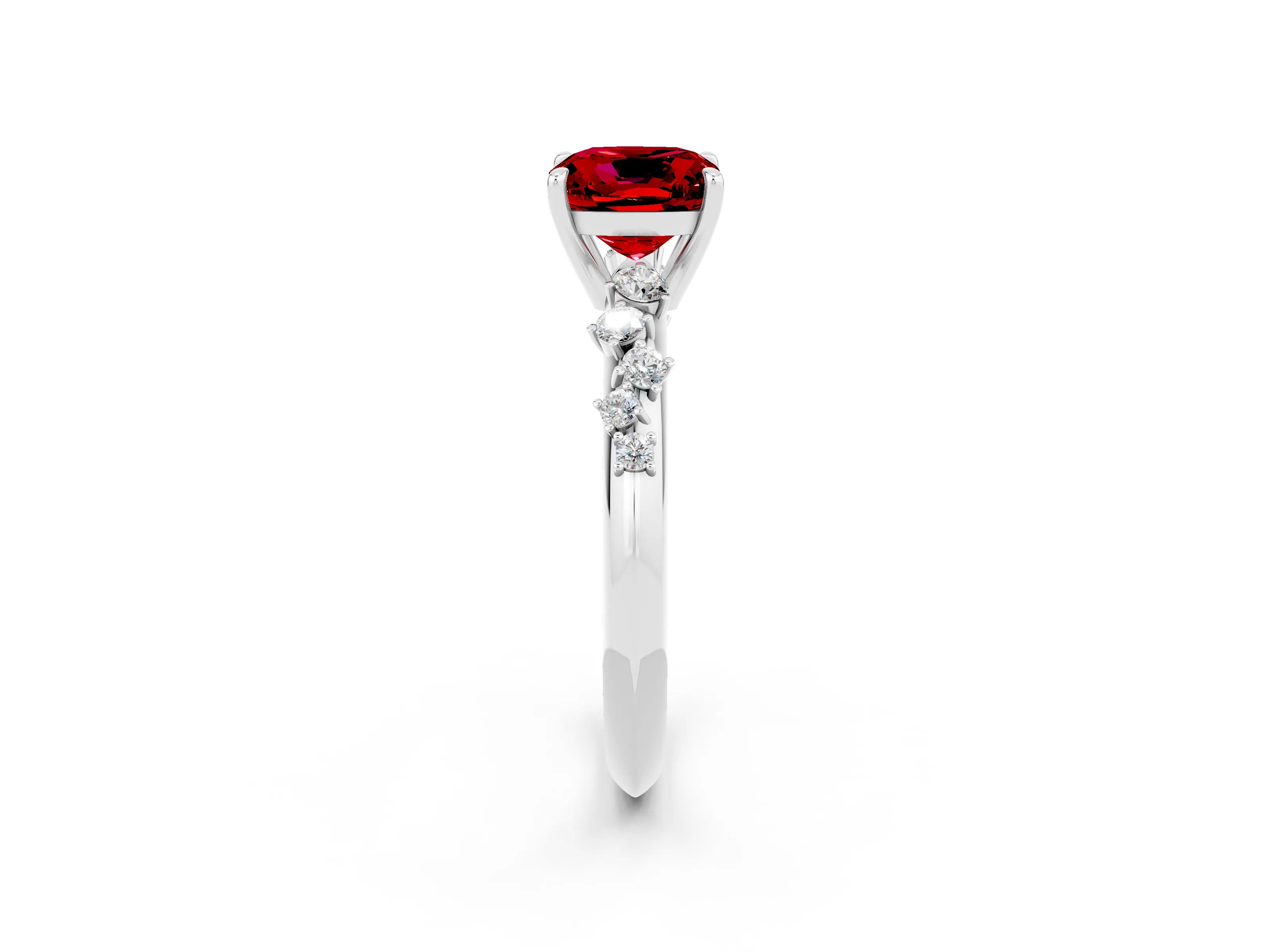 White gold Cushion Cut Ruby Cluster Side Stone Solitaire Ring with Prong Setting_26