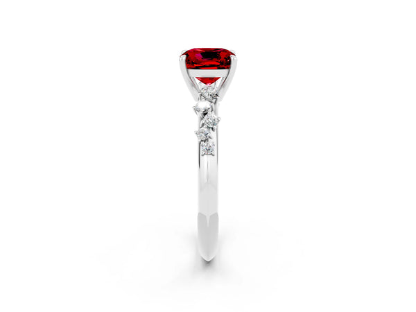 Platinum Cushion Cut Ruby Cluster Side Stone Solitaire Ring with Prong Setting
