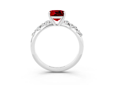 White gold Cushion Cut Ruby Cluster Side Stone Solitaire Ring with Prong Setting_27