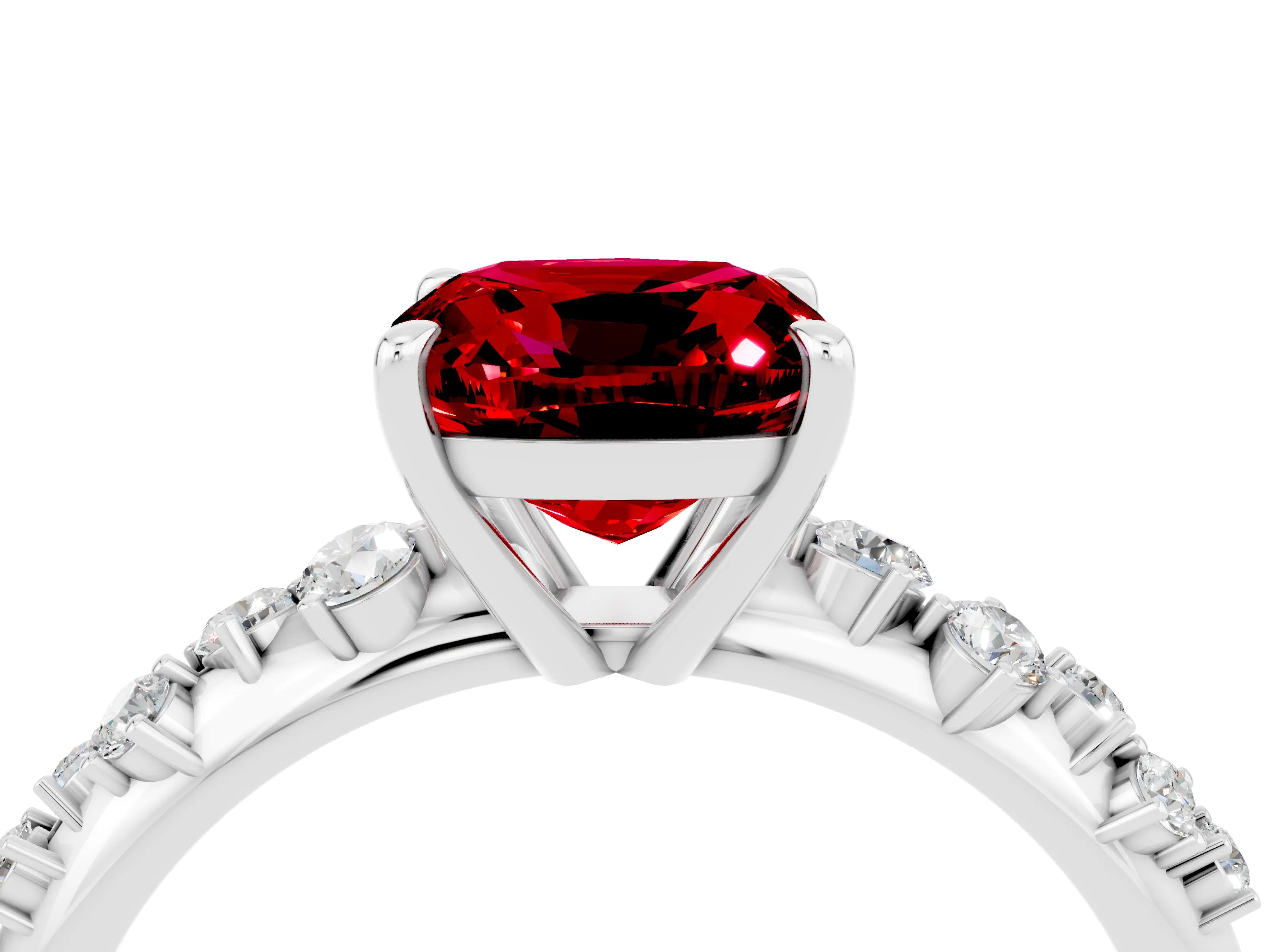 White gold Cushion Cut Ruby Cluster Side Stone Solitaire Ring with Prong Setting_28