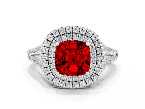 White gold Cushion Cut Ruby Double Halo Ring with Pavé Band and Prong Setting_12
