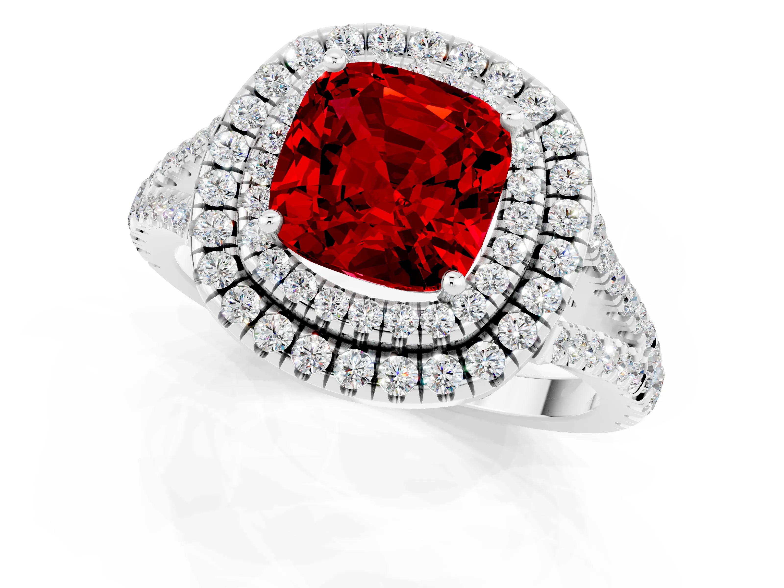 White gold Cushion Cut Ruby Double Halo Ring with Pavé Band and Prong Setting_13