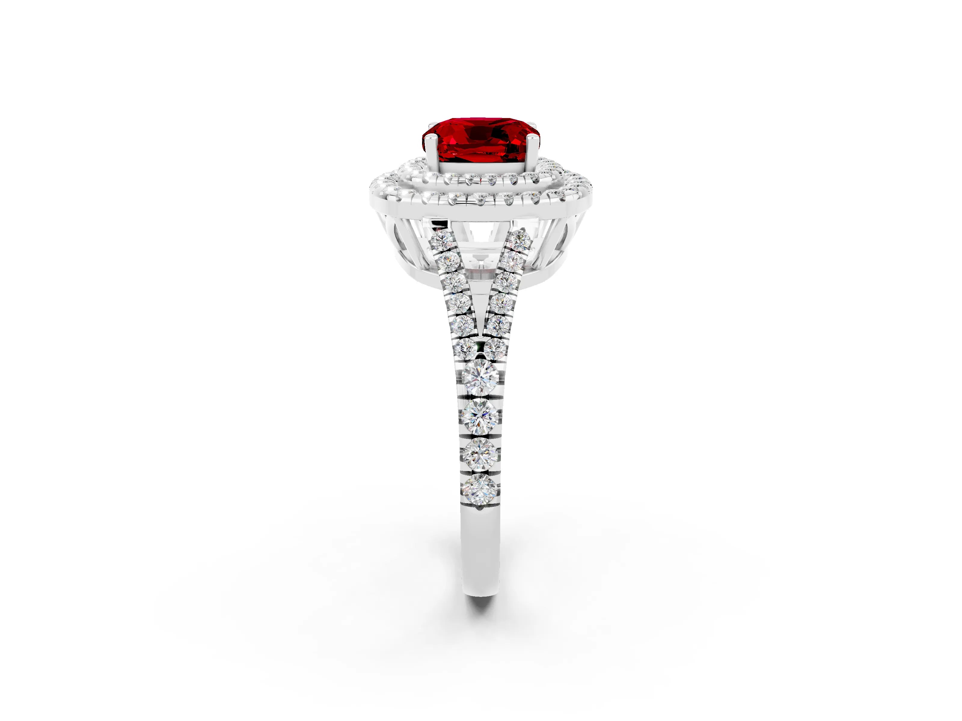 White gold Cushion Cut Ruby Double Halo Ring with Pavé Band and Prong Setting_14