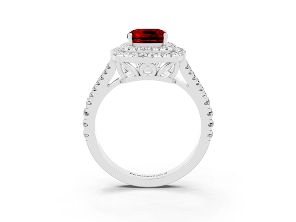 Platinum Cushion Cut Ruby Double Halo Ring with Pavé Band and Prong Setting