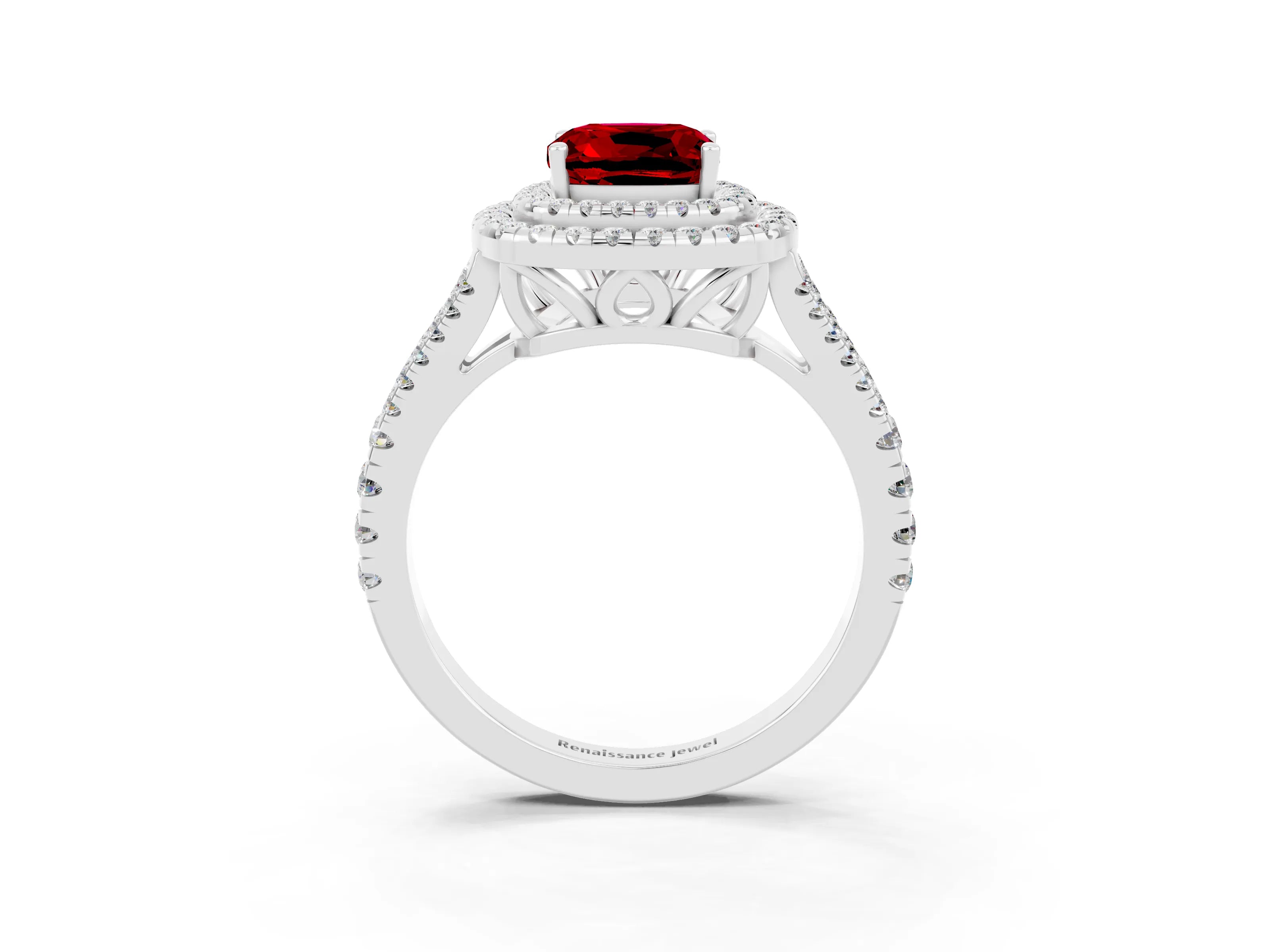White gold Cushion Cut Ruby Double Halo Ring with Pavé Band and Prong Setting_15