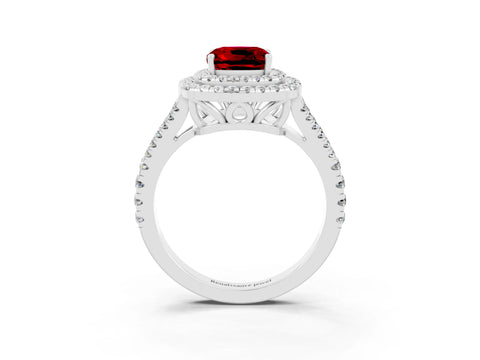White gold Cushion Cut Ruby Double Halo Ring with Pavé Band and Prong Setting_15