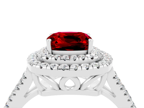 White gold Cushion Cut Ruby Double Halo Ring with Pavé Band and Prong Setting_16