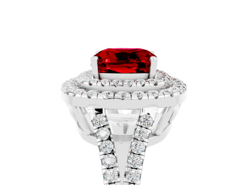 White gold Cushion Cut Ruby Double Halo Ring with Pavé Band and Prong Setting_17