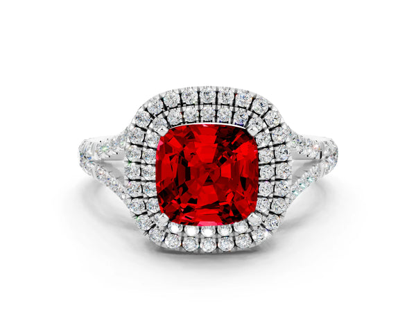 Silver Cushion Cut Ruby Double Halo Ring with Split Shank and Prong Setting