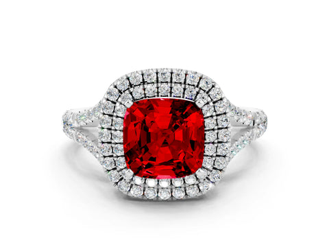 White gold Cushion Cut Ruby Double Halo Ring with Split Shank and Prong Setting_55