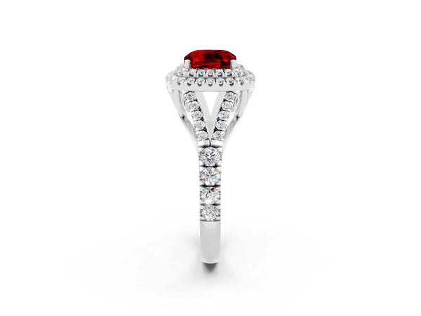 Silver Cushion Cut Ruby Double Halo Ring with Split Shank and Prong Setting