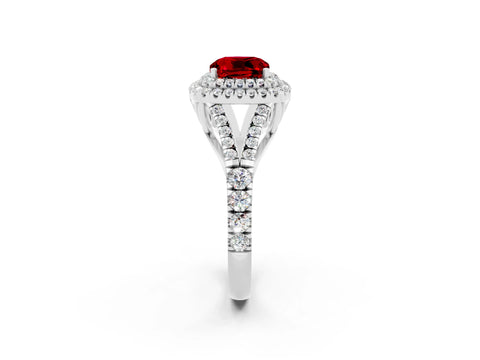 White gold Cushion Cut Ruby Double Halo Ring with Split Shank and Prong Setting_57