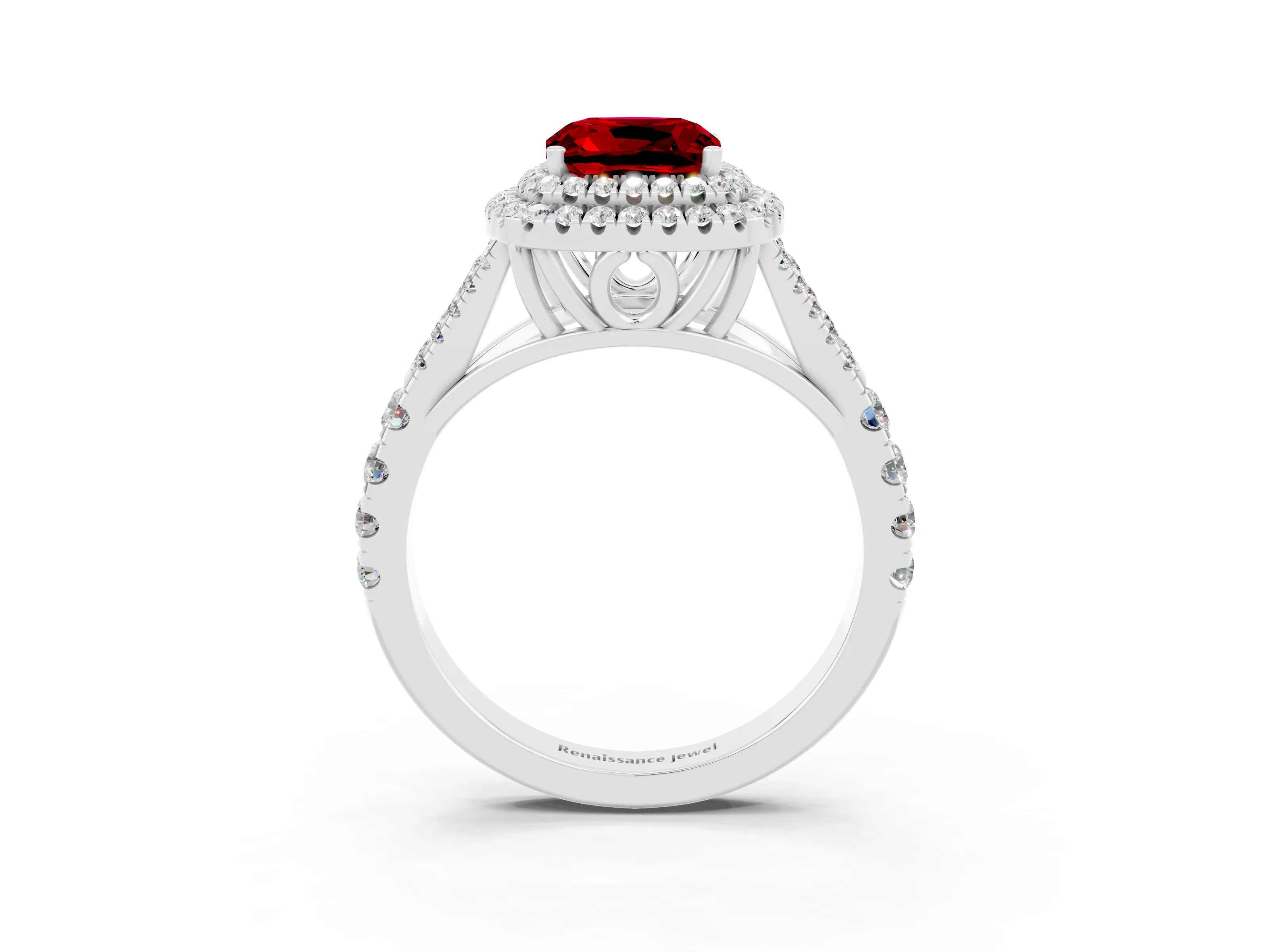 White gold Cushion Cut Ruby Double Halo Ring with Split Shank and Prong Setting_58