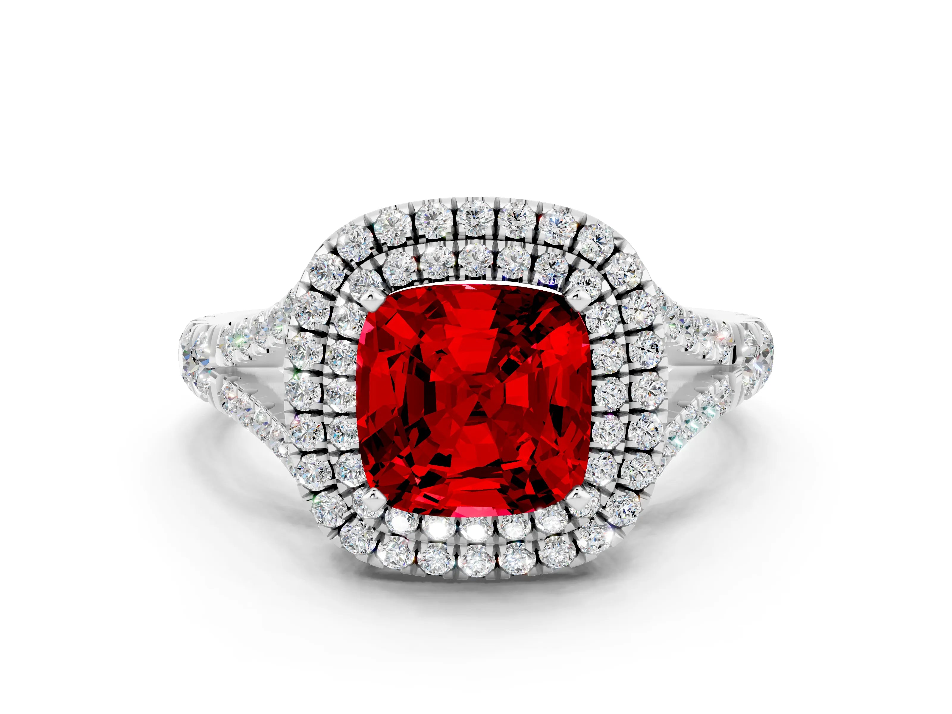 White gold Cushion Cut Ruby Double Halo Ring with Split Shank and Prong Setting_60