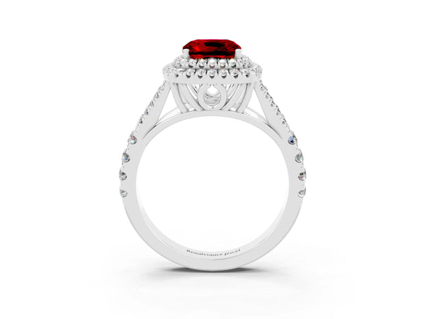 Platinum Cushion Cut Ruby Double Halo Ring with Split Shank and Prong Setting